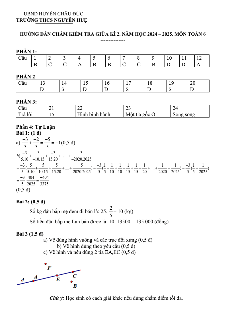 Đề thi Giữa kì 2 Toán 6 trường THCS Nguyễn Huệ (Bà Rịa - Vũng Tàu) năm 2024-2025