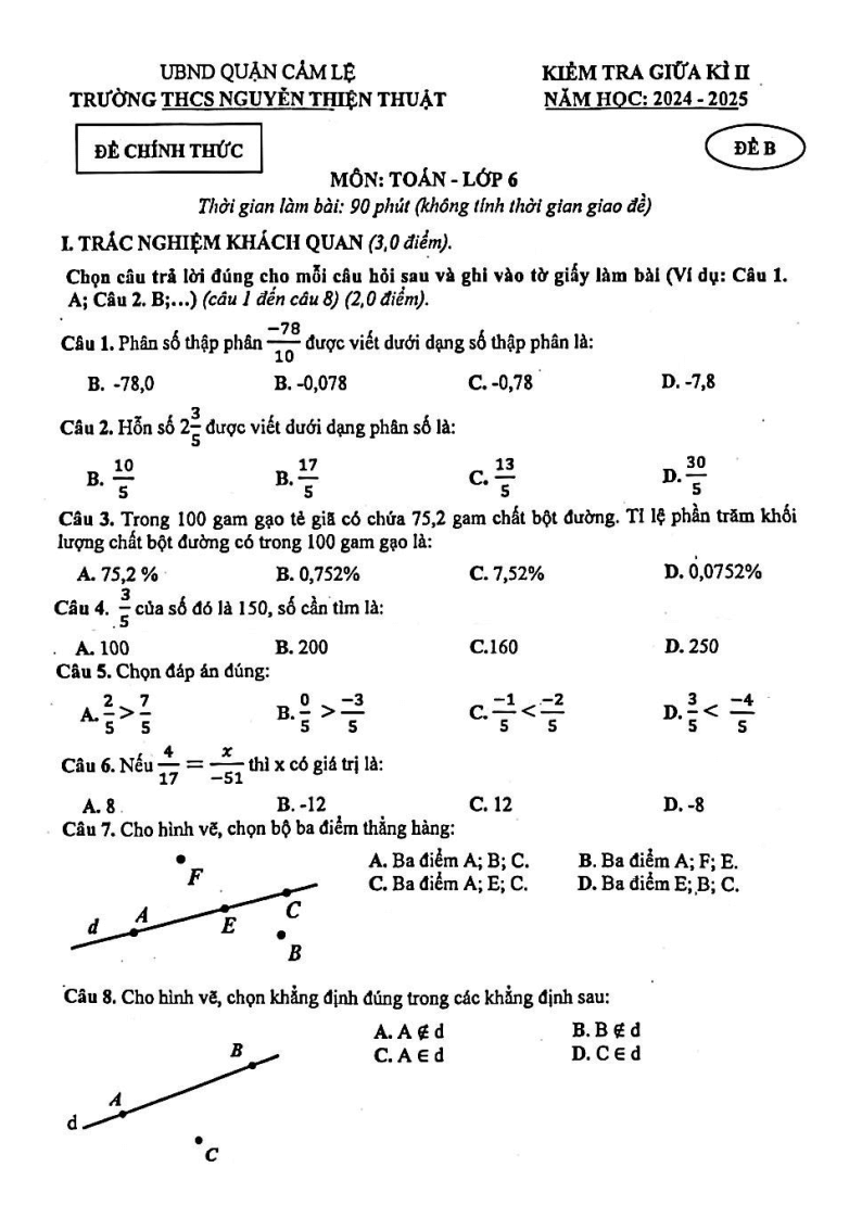 Đề thi Giữa kì 2 Toán 6 trường THCS Nguyễn Thiện Thuật (Đà Nẵng) năm 2024-2025