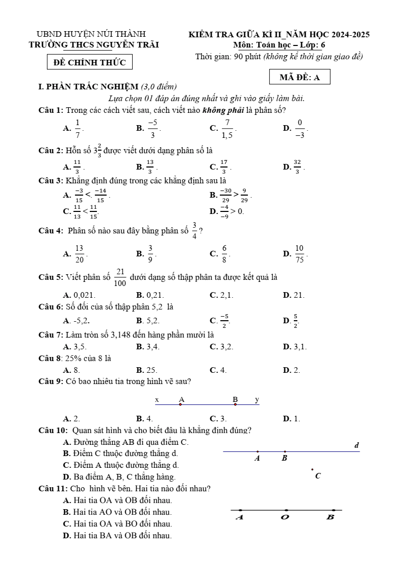 Đề thi Giữa kì 2 Toán 6 trường THCS Nguyễn Trãi (Quảng Nam) năm 2024-2025