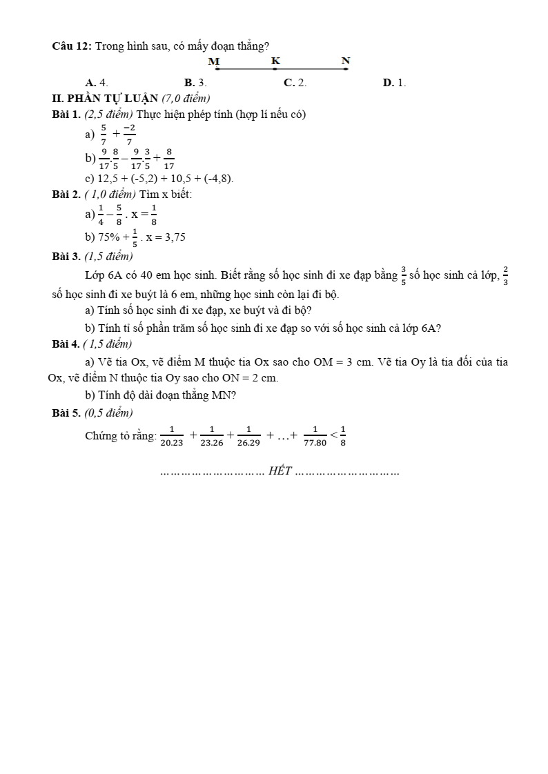 Đề thi Giữa kì 2 Toán 6 trường THCS Nguyễn Trãi (Quảng Nam) năm 2024-2025