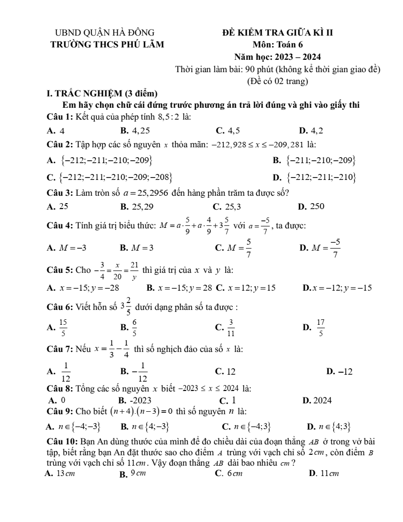 Đề thi Giữa kì 2 Toán 6 trường THCS Phú Lãm (Hà Nội) năm 2023-2024
