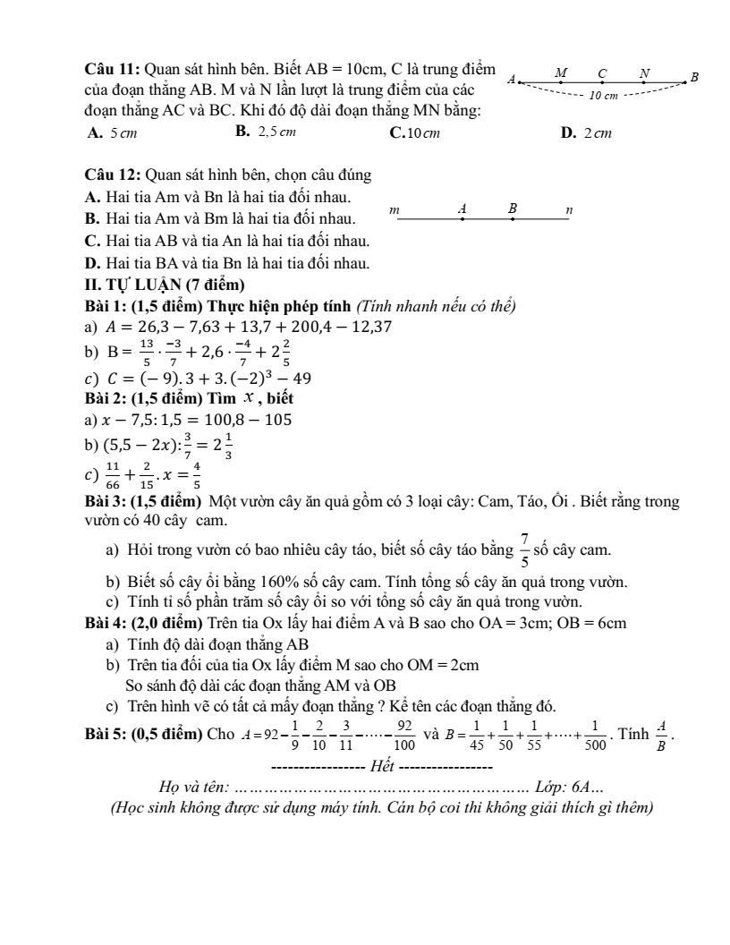 Đề thi Giữa kì 2 Toán 6 trường THCS Phú Lãm (Hà Nội) năm 2023-2024