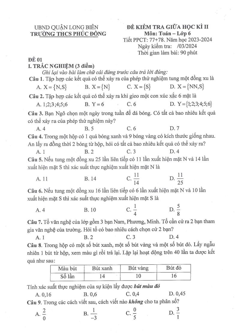 Đề thi Giữa kì 2 Toán 6 trường THCS Phúc Đồng (Hà Nội) năm 2023-2024