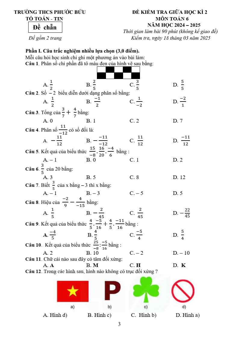 Đề thi Giữa kì 2 Toán 6 trường THCS Phước Bửu (Bà Rịa - Vũng Tàu) năm 2024-2025