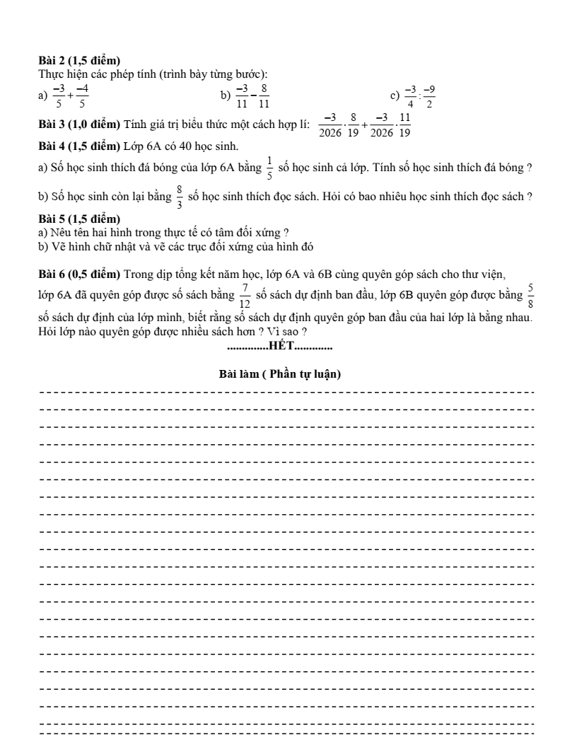 Đề thi Giữa kì 2 Toán 6 trường THCS Phước Bửu (TP HCM) năm 2025-2026