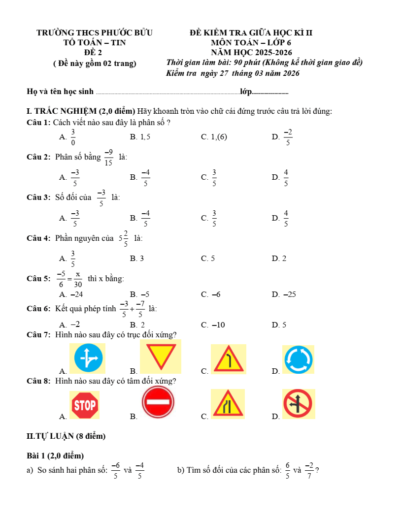 Đề thi Giữa kì 2 Toán 6 trường THCS Phước Bửu (TP HCM) năm 2025-2026