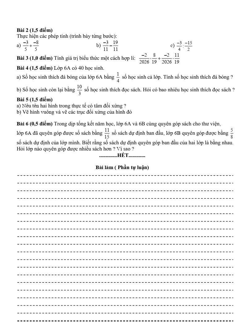 Đề thi Giữa kì 2 Toán 6 trường THCS Phước Bửu (TP HCM) năm 2025-2026