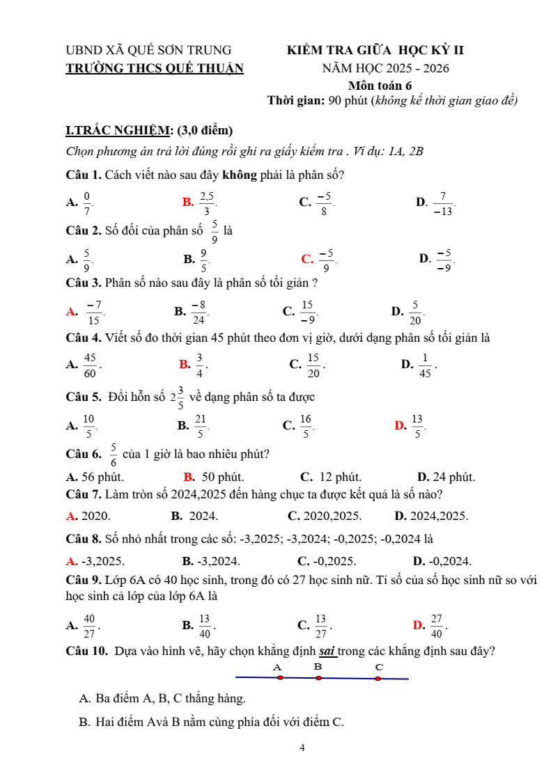 Đề thi Giữa kì 2 Toán 6 trường THCS Quế Thuận (Đà Nẵng) năm 2025-2026