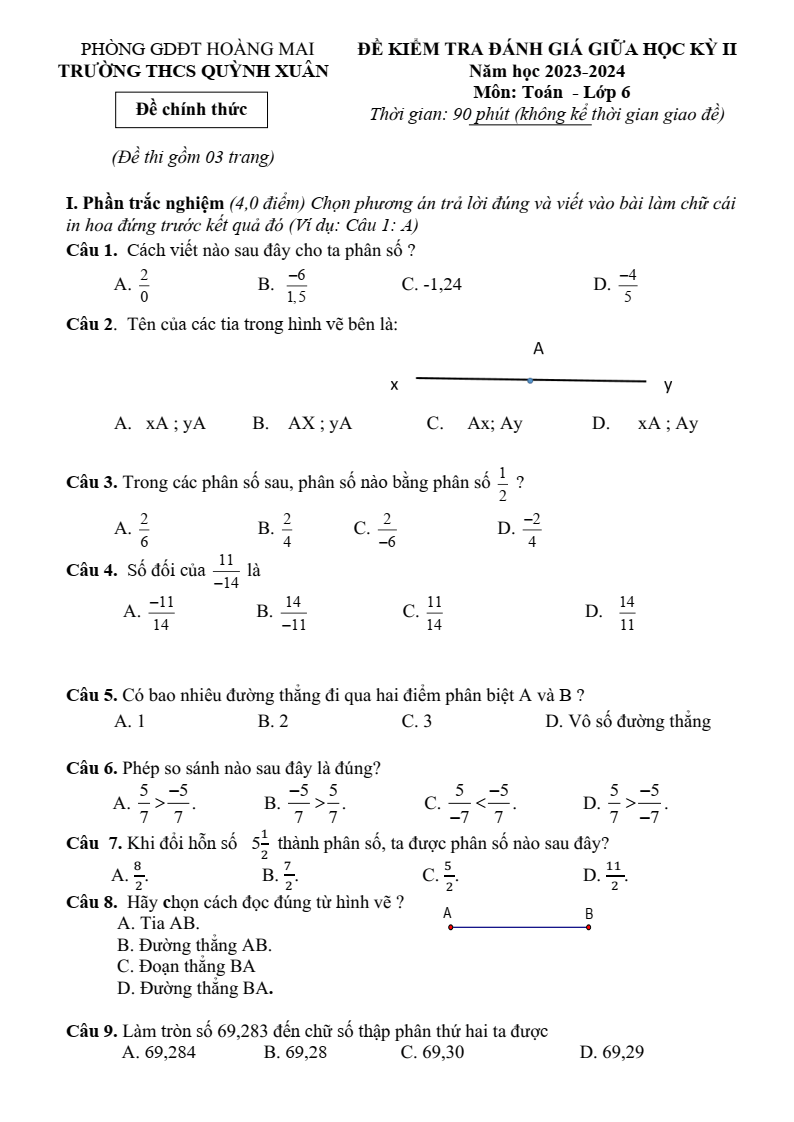 Đề thi Giữa kì 2 Toán 6 trường THCS Quỳnh Xuân (Nghệ An) năm 2023-2024