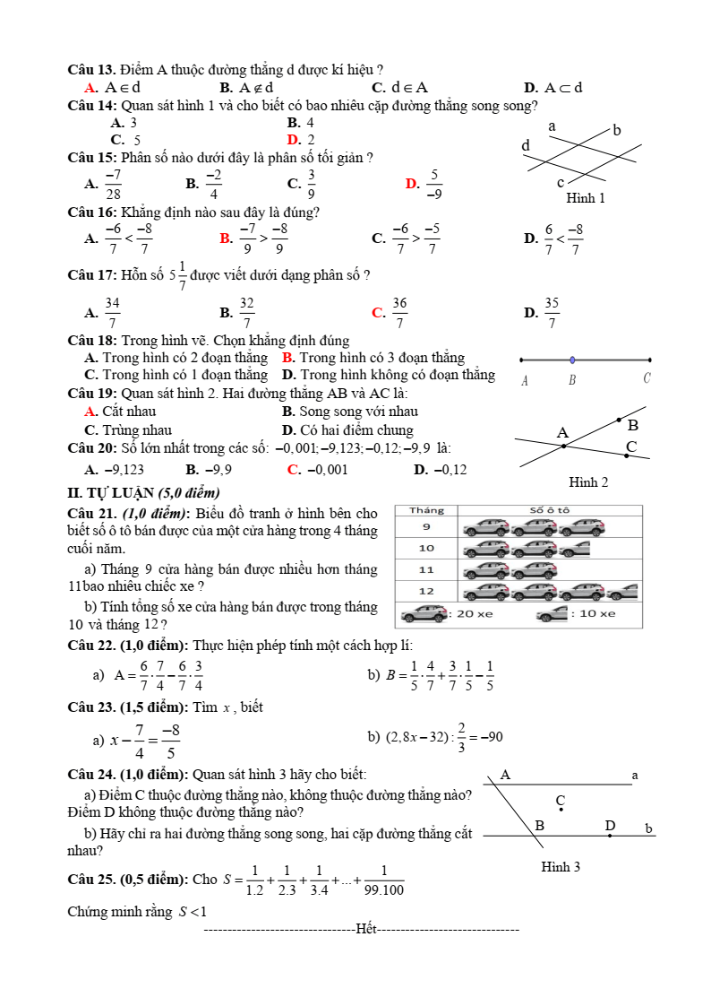 Đề thi Giữa kì 2 Toán 6 trường THCS Song Mai (Bắc Giang) năm 2023-2024