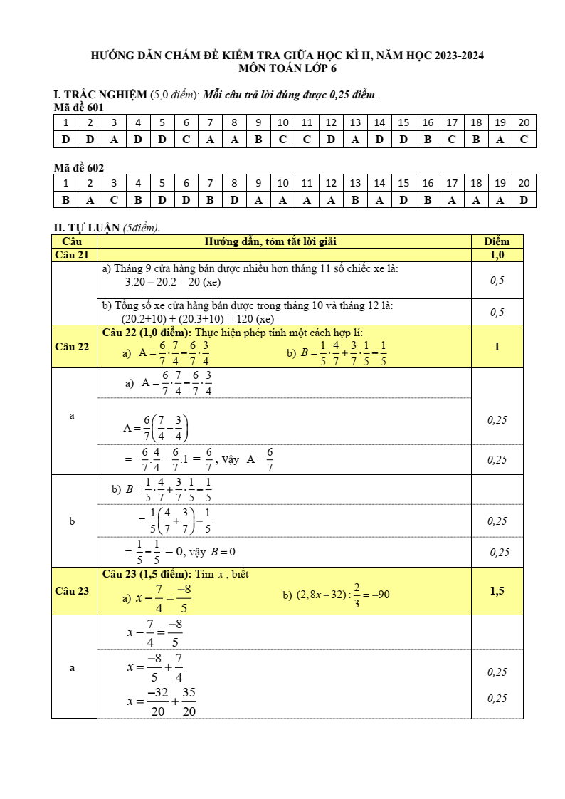 Đề thi Giữa kì 2 Toán 6 trường THCS Song Mai (Bắc Giang) năm 2023-2024