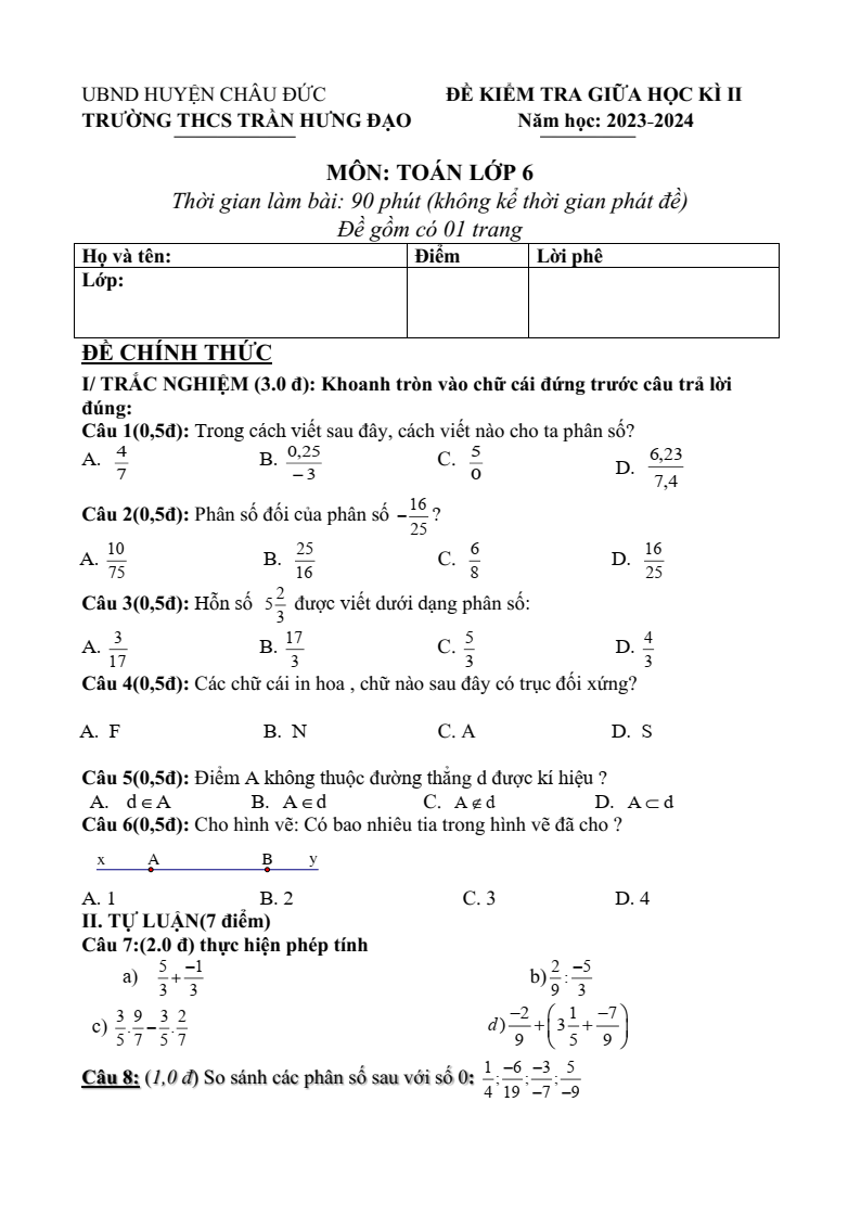 Đề thi Giữa kì 2 Toán 6 trường THCS Trần Hưng Đạo (Bà Rịa - Vũng Tàu) năm 2023-2024