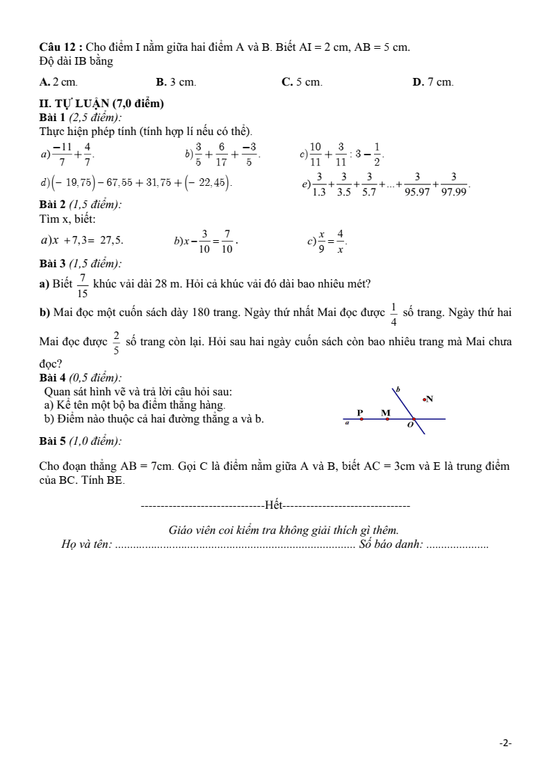 Đề thi Giữa kì 2 Toán 6 trường THCS Trần Phú (Quảng Nam) năm 2024-2025