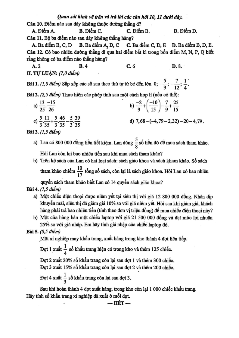 Đề thi Giữa kì 2 Toán 6 trường THCS Trưng Vương (Đà Nẵng) năm 2025-2026