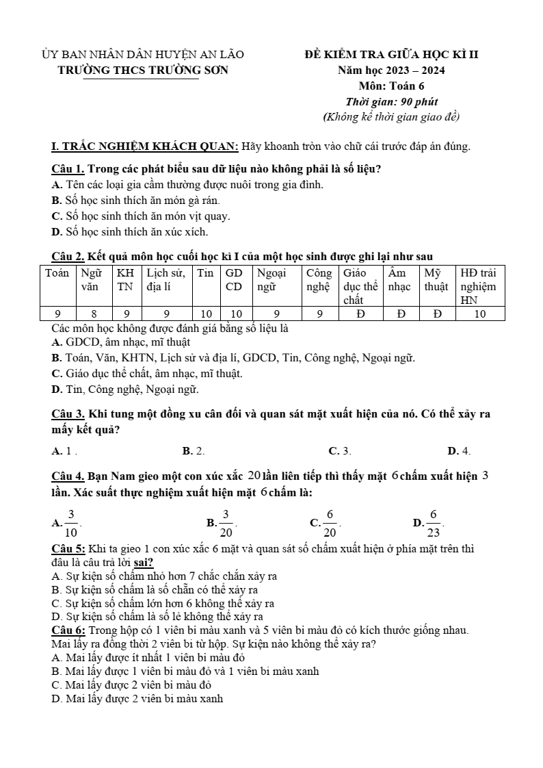 Đề thi Giữa kì 2 Toán 6 trường THCS Trường Sơn (Hải Phòng) năm 2023-2024