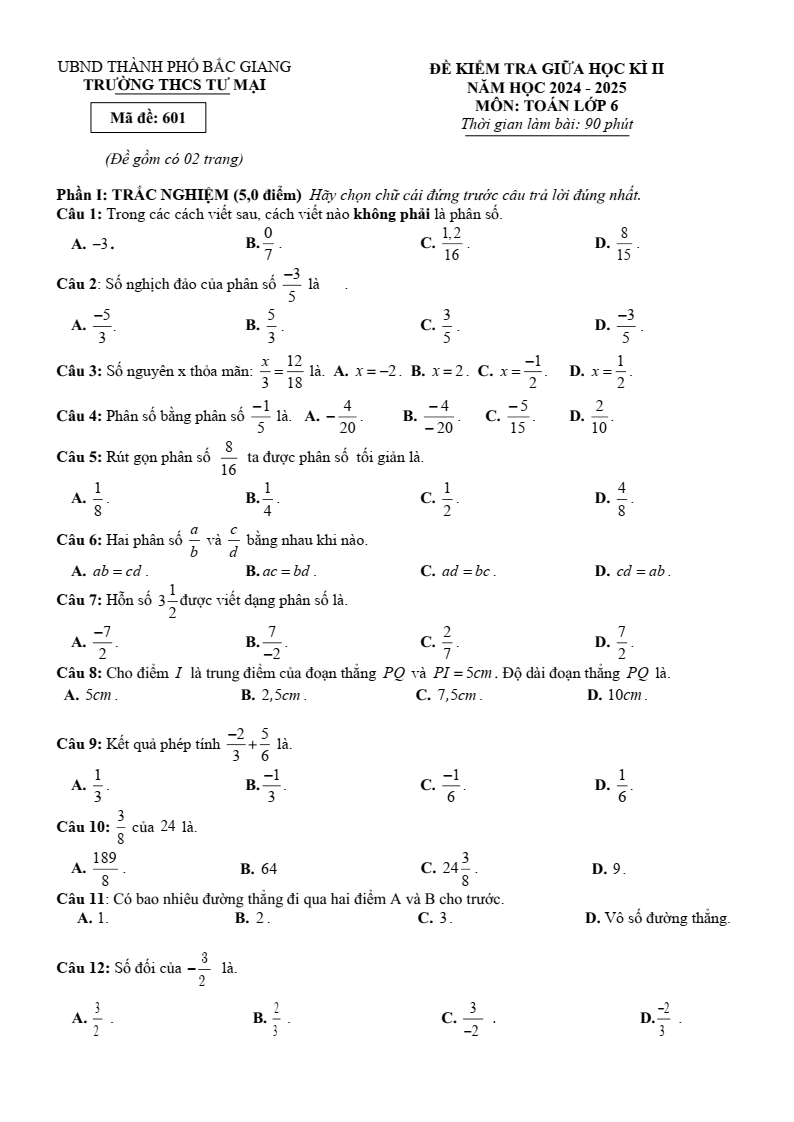 Đề thi Giữa kì 2 Toán 6 trường THCS Tư Mại (Bắc Giang) năm 2024-2025
