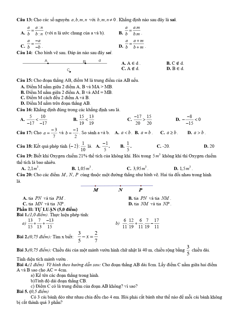 Đề thi Giữa kì 2 Toán 6 trường THCS Tư Mại (Bắc Giang) năm 2024-2025