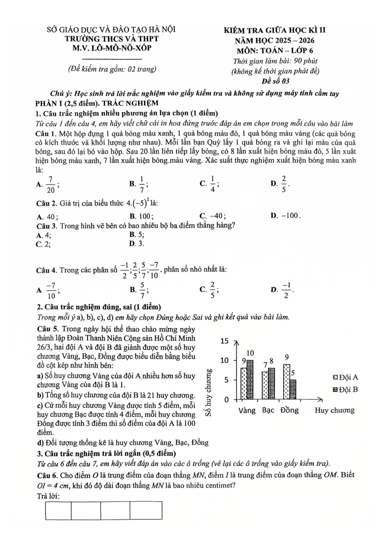 Đề thi Giữa kì 2 Toán 6 trường THCS và THPT M.V. Lômônôxốp (Hà Nội) năm 2025-2026