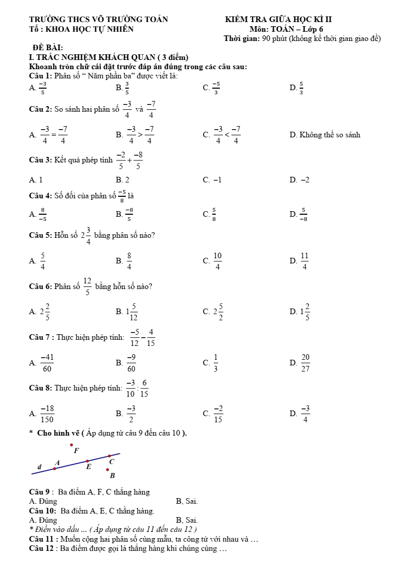 Đề thi Giữa kì 2 Toán 6 trường THCS Võ Trường Toản (TP HCM) năm 2025-2026