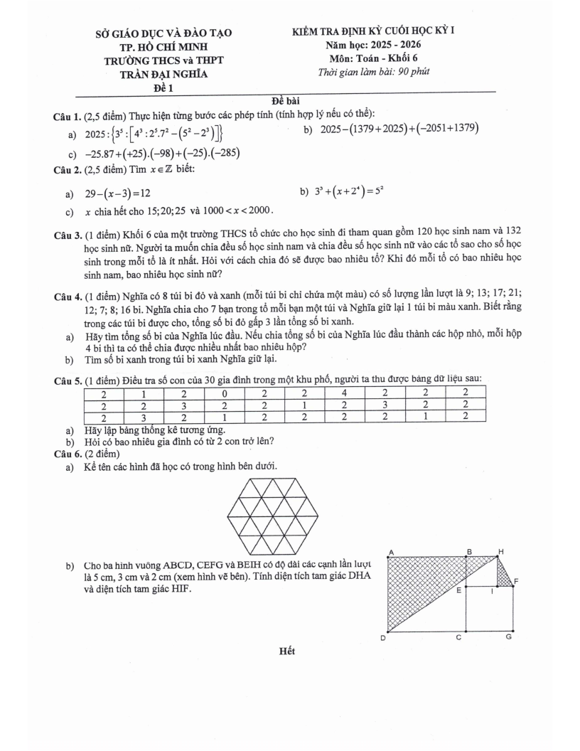 Đề thi Học kì 1 Toán 6 trường chuyên Trần Đại Nghĩa (Tp.HCM) năm 2025-2026