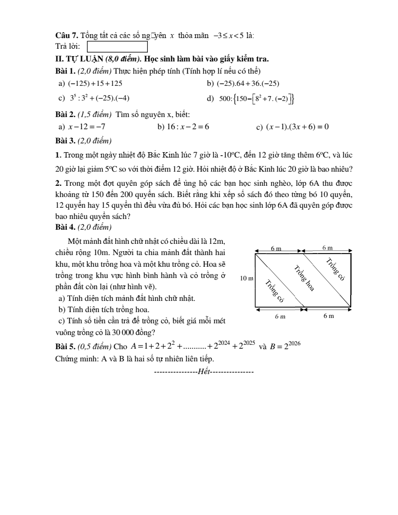 Đề thi Học kì 1 Toán 6 cụm chuyên môn số 14 Hà Nội năm 2025-2026