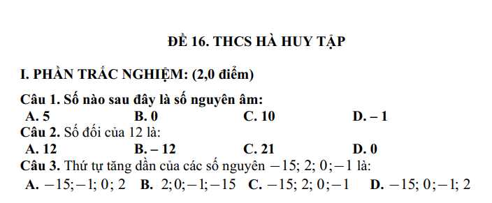 Đề thi Học kì 1 Toán 6 năm 2024-2025 Trường THCS Hà Huy Tập