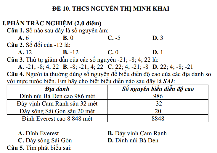 Đề thi Học kì 1 Toán 6 năm 2024-2025 Trường THCS Nguyễn Thị Minh Khai