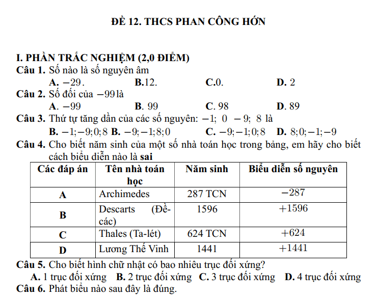 Đề thi Học kì 1 Toán 6 năm 2024-2025 Trường THCS Phan Công Hớn