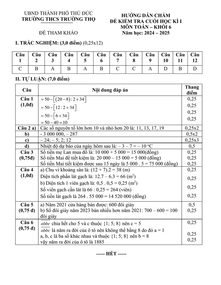 Đề thi Học kì 1 Toán 6 năm 2024-2025 Trường THCS Trường Thọ
