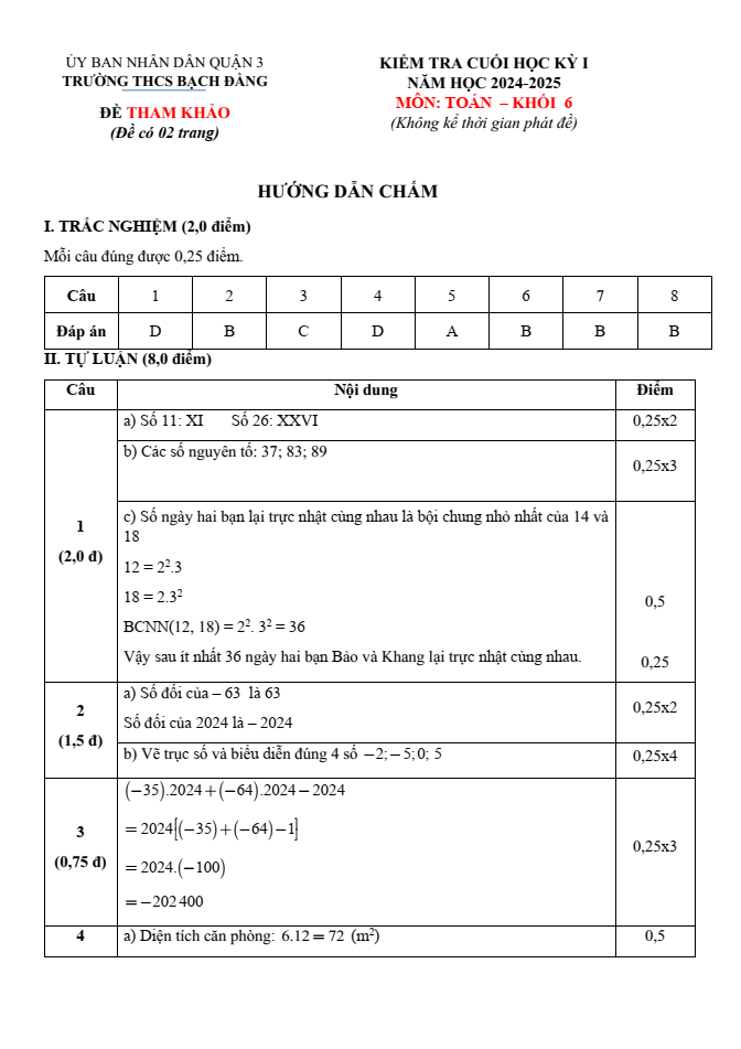 Đề thi Học kì 1 Toán 6 năm 2024-2025 Đề thi Học kì 1 Toán 6 năm 2024-2025 Trường THCS Bạch Đằng