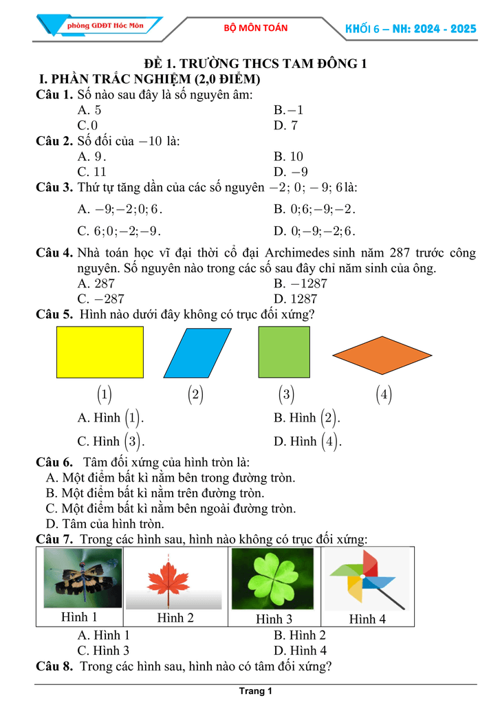 Đề thi Học kì 1 Toán 6 năm 2024-2025 Trường THCS Tam Đông 1