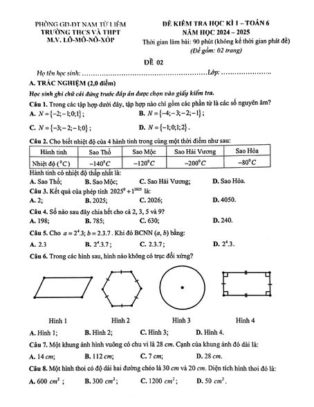 Đề thi Học kì 1 Toán 6 năm 2024-2025 trường M.V. Lômônôxốp – Hà Nội