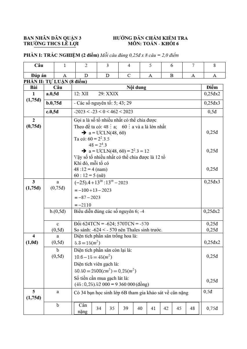 Đề thi Học kì 1 Toán 6 năm 2024-2025 Đề thi Học kì 1 Toán 6 năm 2024-2025 Trường THCS Lê Lợi