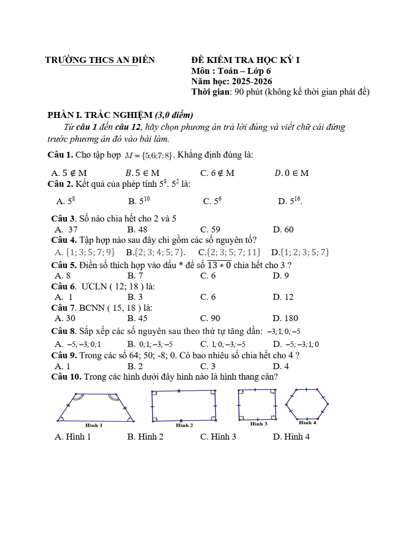 Đề thi Học kì 1 Toán 6 trường THCS An Điền (Tp. HCM) năm 2025-2026
