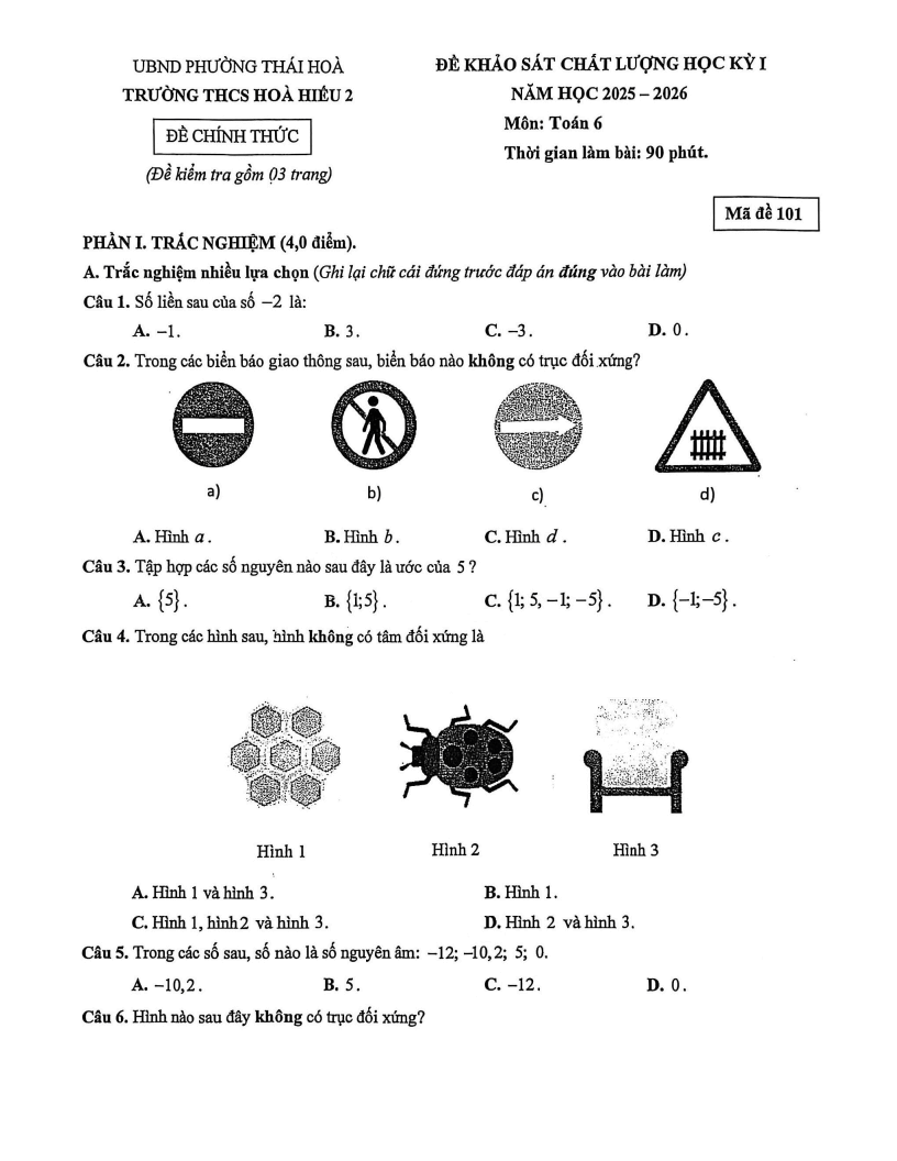 Đề thi Học kì 1 Toán 6 trường THCS Hòa Hiếu 2 (Nghệ An) năm 2025-2026