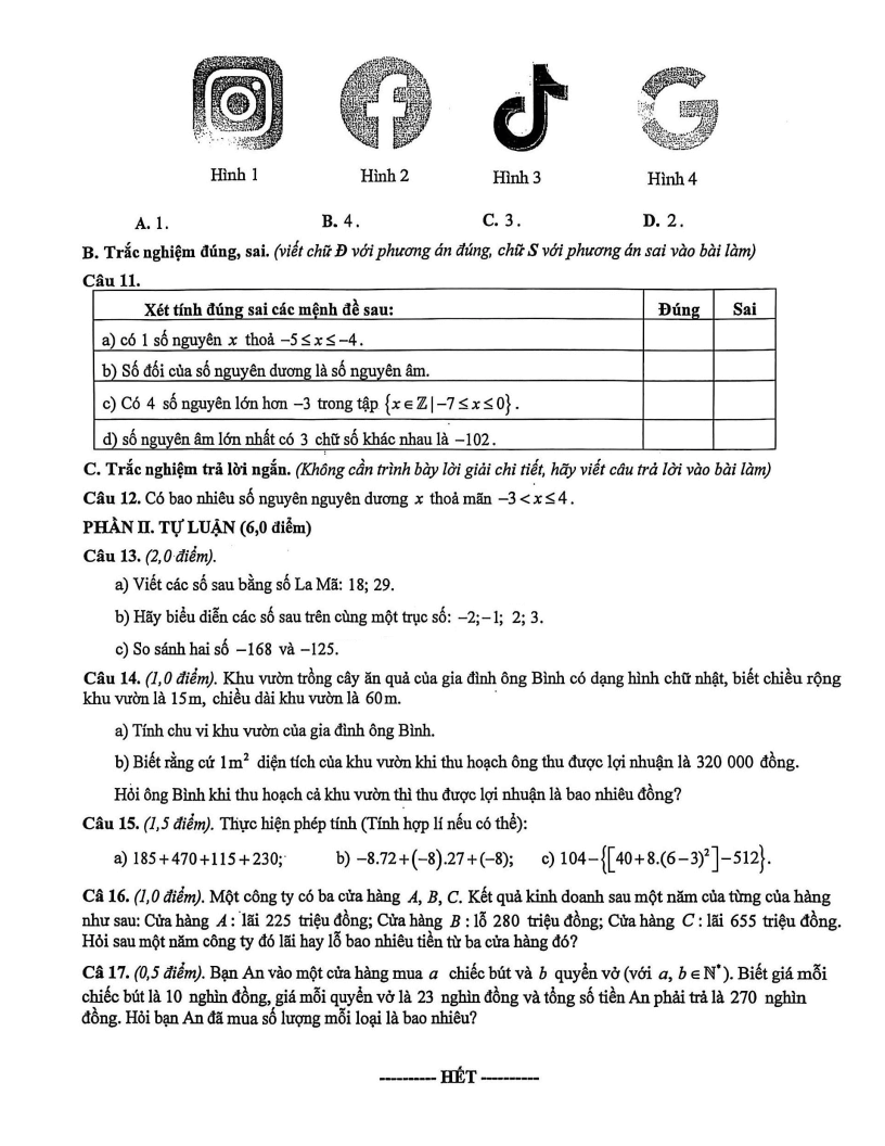Đề thi Học kì 1 Toán 6 trường THCS Hòa Hiếu 2 (Nghệ An) năm 2025-2026