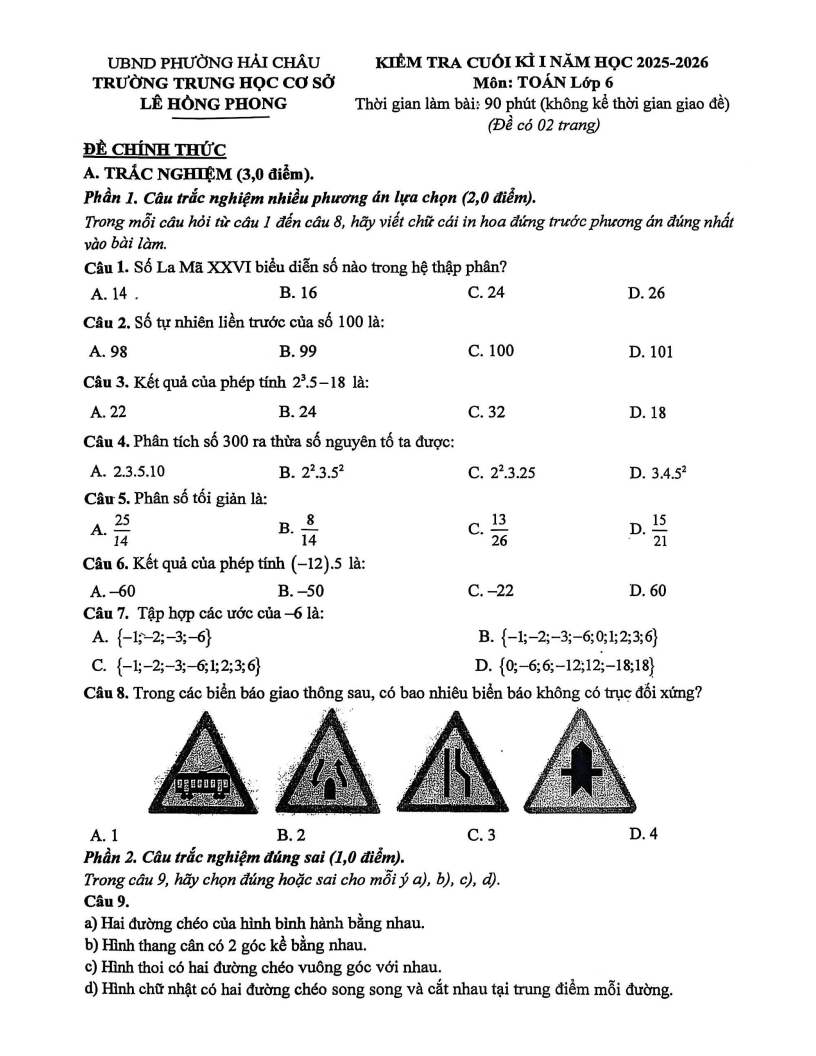 Đề thi Học kì 1 Toán 6 trường THCS Lê Hồng Phong (Đà Nẵng) năm 2025-2026