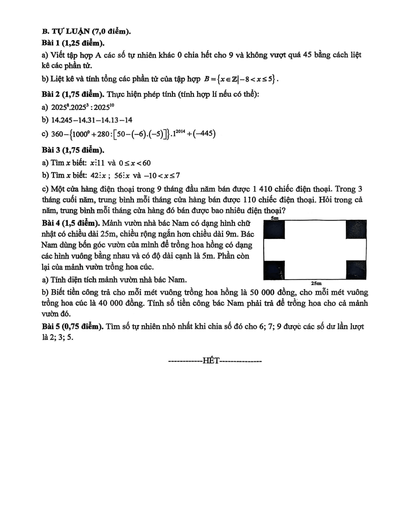 Đề thi Học kì 1 Toán 6 trường THCS Lê Hồng Phong (Đà Nẵng) năm 2025-2026