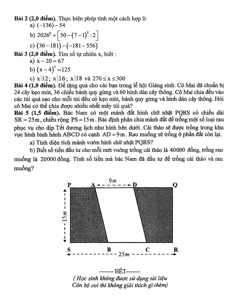 Đề thi Học kì 1 Toán 6 trường THCS Lê Lợi (Đà Nẵng) năm 2025-2026