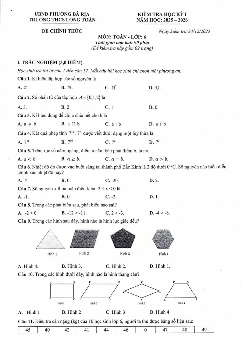 Đề thi Học kì 1 Toán 6 trường THCS Long Toàn (Tp. HCM) năm 2025-2026