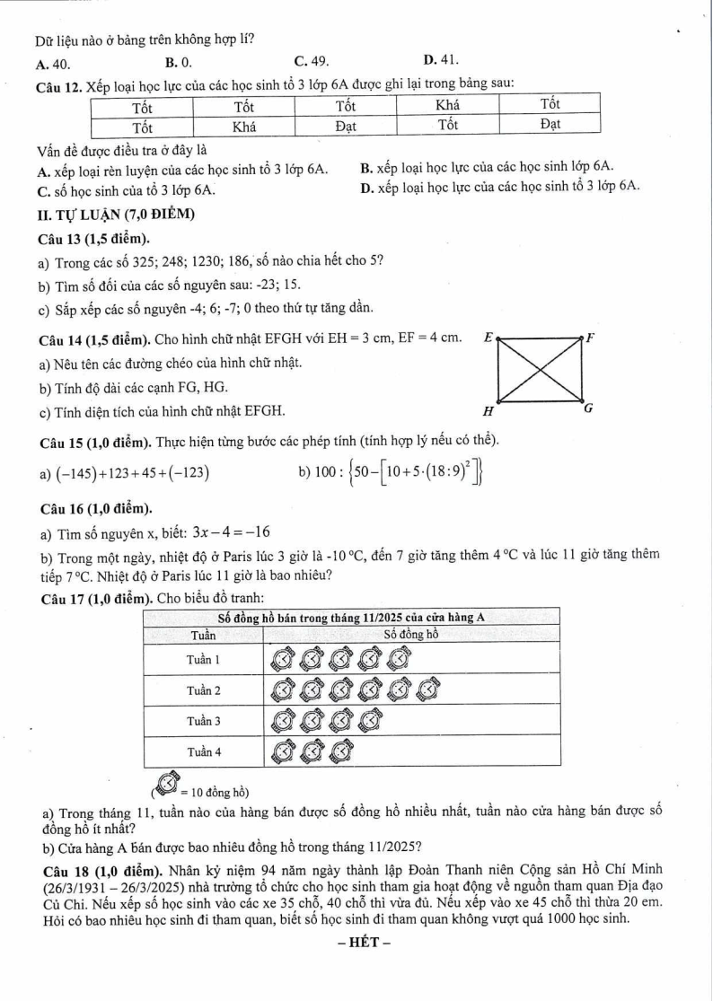 Đề thi Học kì 1 Toán 6 trường THCS Long Toàn (Tp. HCM) năm 2025-2026