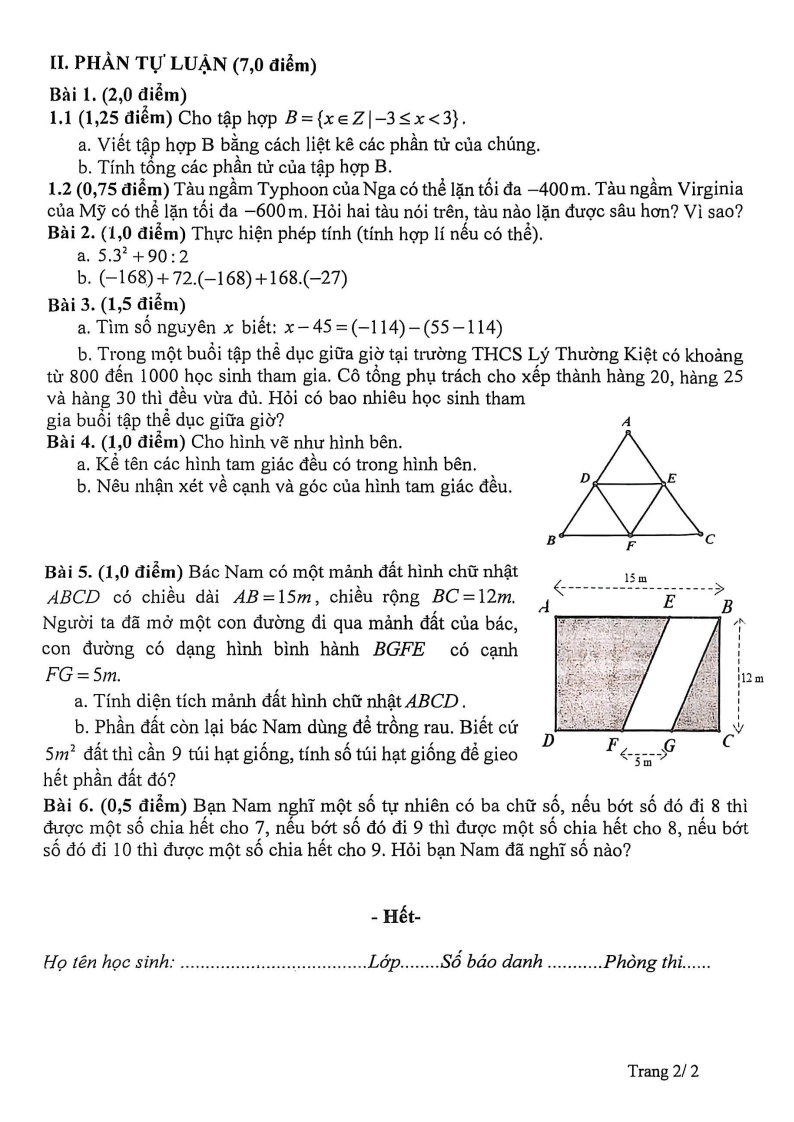 Đề thi Học kì 1 Toán 6 trường THCS Lý Thường Kiệt (Đà Nẵng) năm 2025-2026