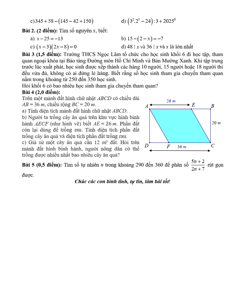 Đề thi Học kì 1 Toán 6 trường THCS Ngọc Lâm (Hà Nội) năm 2025-2026