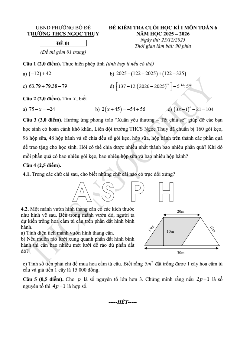 Đề thi Học kì 1 Toán 6 trường THCS Ngọc Thụy (Hà Nội) năm 2025-2026