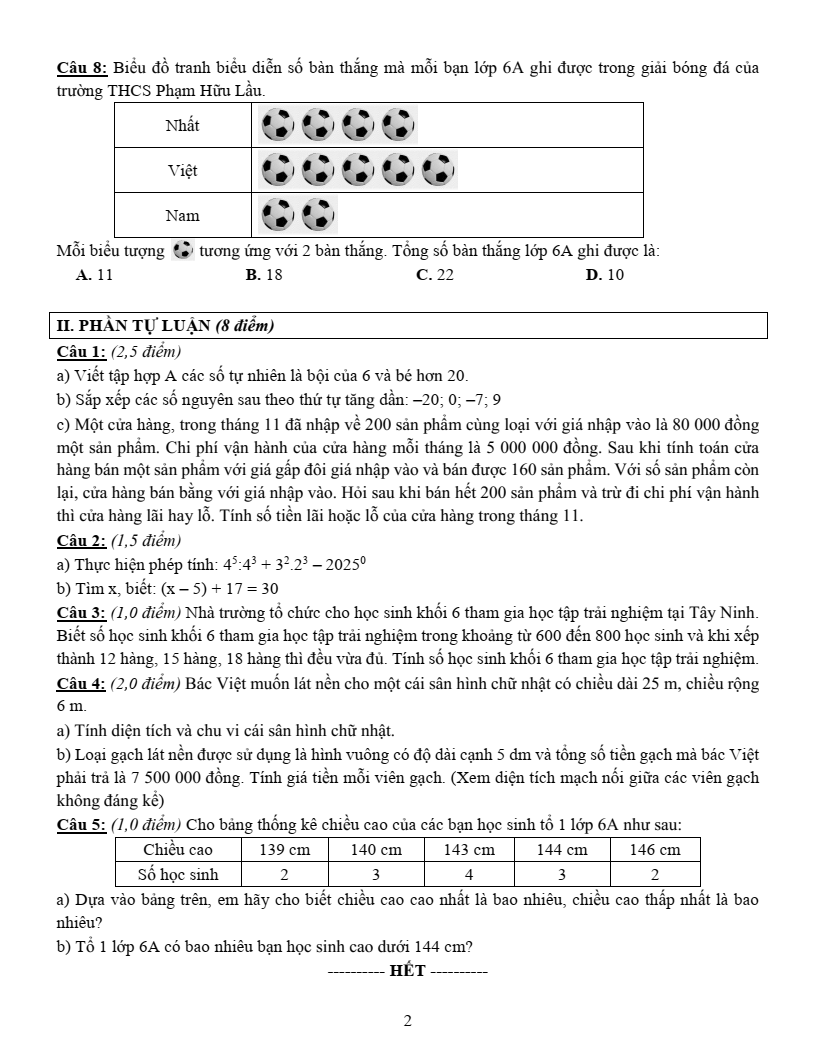 Đề thi Học kì 1 Toán 6 trường THCS Phạm Hữu Lầu (Tp. HCM) năm 2025-2026
