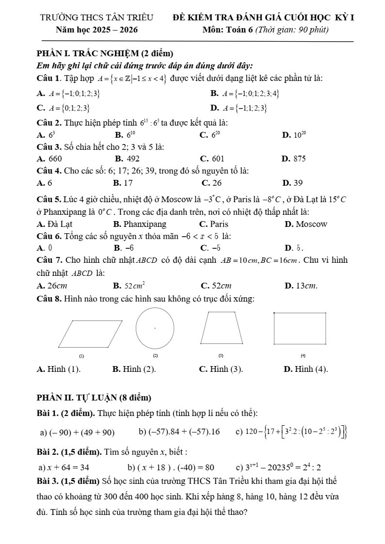 Đề thi Học kì 1 Toán 6 trường THCS Tân Triều (Hà Nội) năm 2025-2026