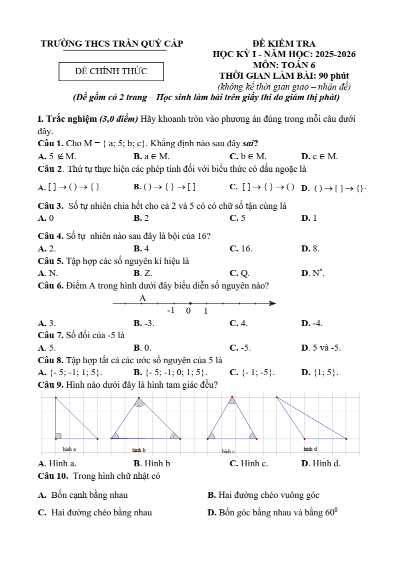 Đề thi Học kì 1 Toán 6 trường THCS Trần Quý Cáp (Đà Nẵng) năm 2025-2026
