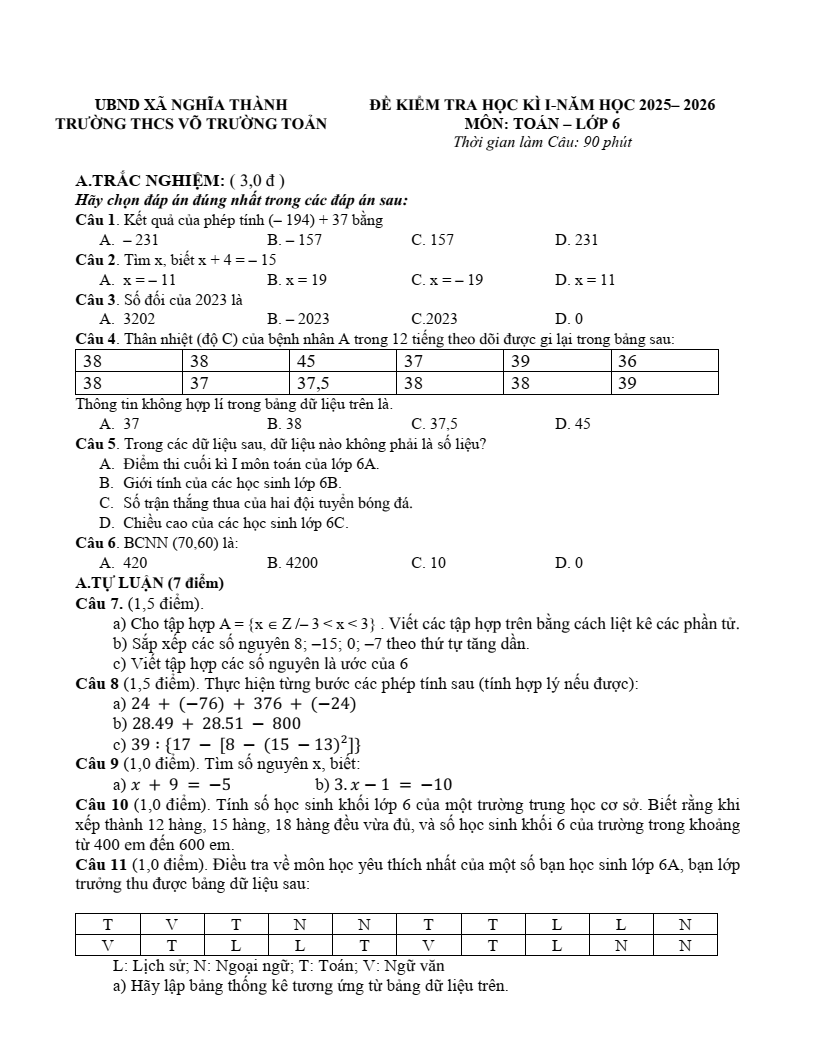 Đề thi Học kì 1 Toán 6 trường THCS Võ Trường Toản (Tp. HCM) năm 2025-2026