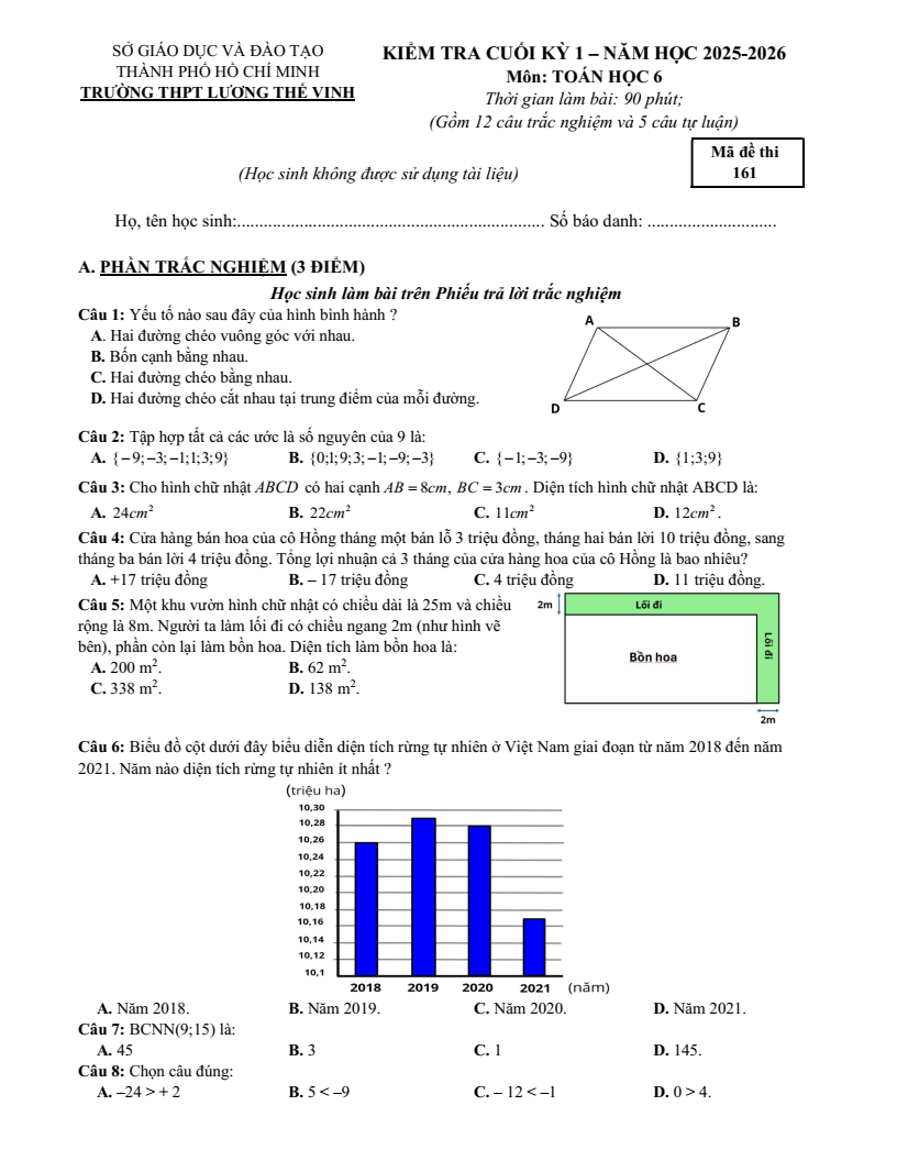 Đề thi Học kì 1 Toán 6 trường THPT Lương Thế Vinh (Tp. HCM) năm 2025-2026