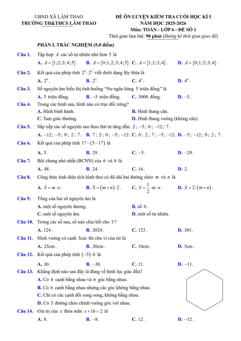 Đề thi Học kì 1 Toán 6 trường TH&THCS Lâm Thao (Bắc Ninh) năm 2025-2026